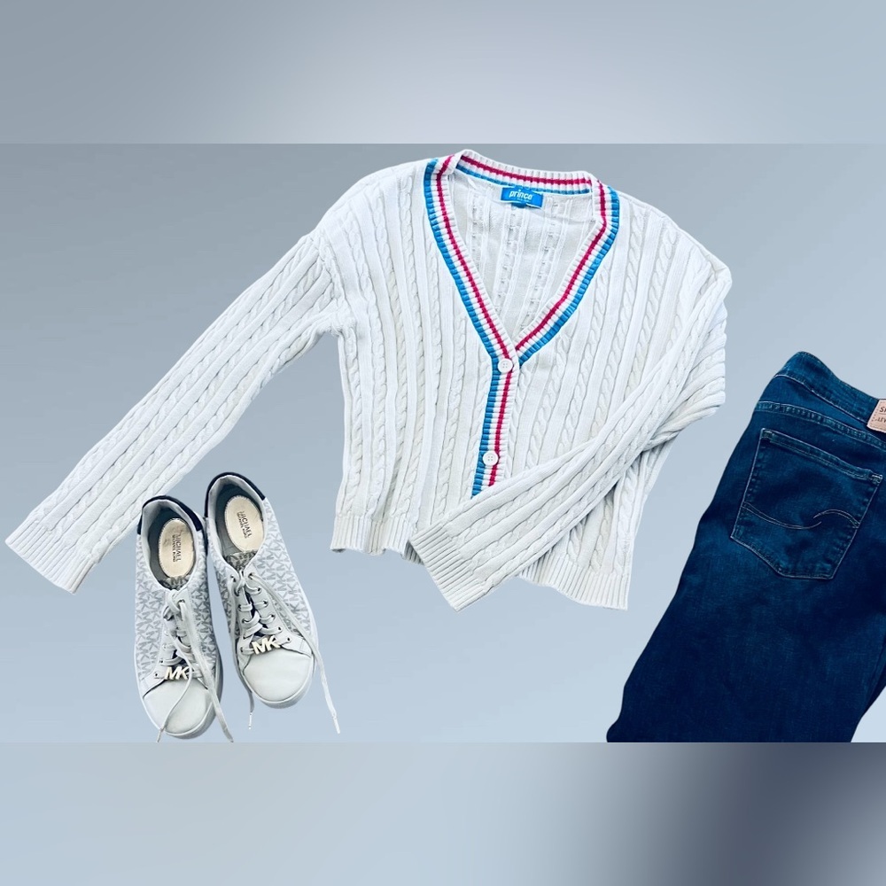 Prince Pickleball White Cardigan with Red and Blue Trim/XL/100% cotton